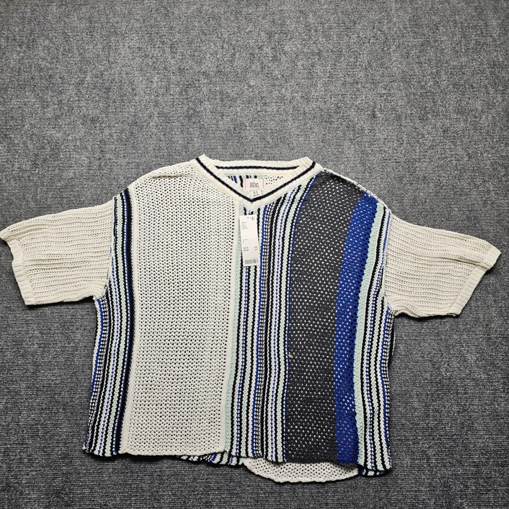 BDG Urban Outfitters Striped Open Knit V-Neck Short Sleeve Sweater Small NEW